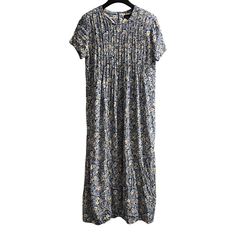 Vintage Teddi Dress Women 16 Blue Micro Floral Pleated Maxi Cottagecore Prairie